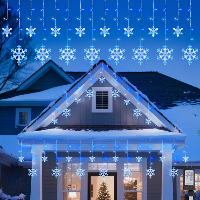 13 Ft 192 LED Snowflake Christmas Icicle Lights 16 Drops 8 Modes Timer IP65 Waterproof