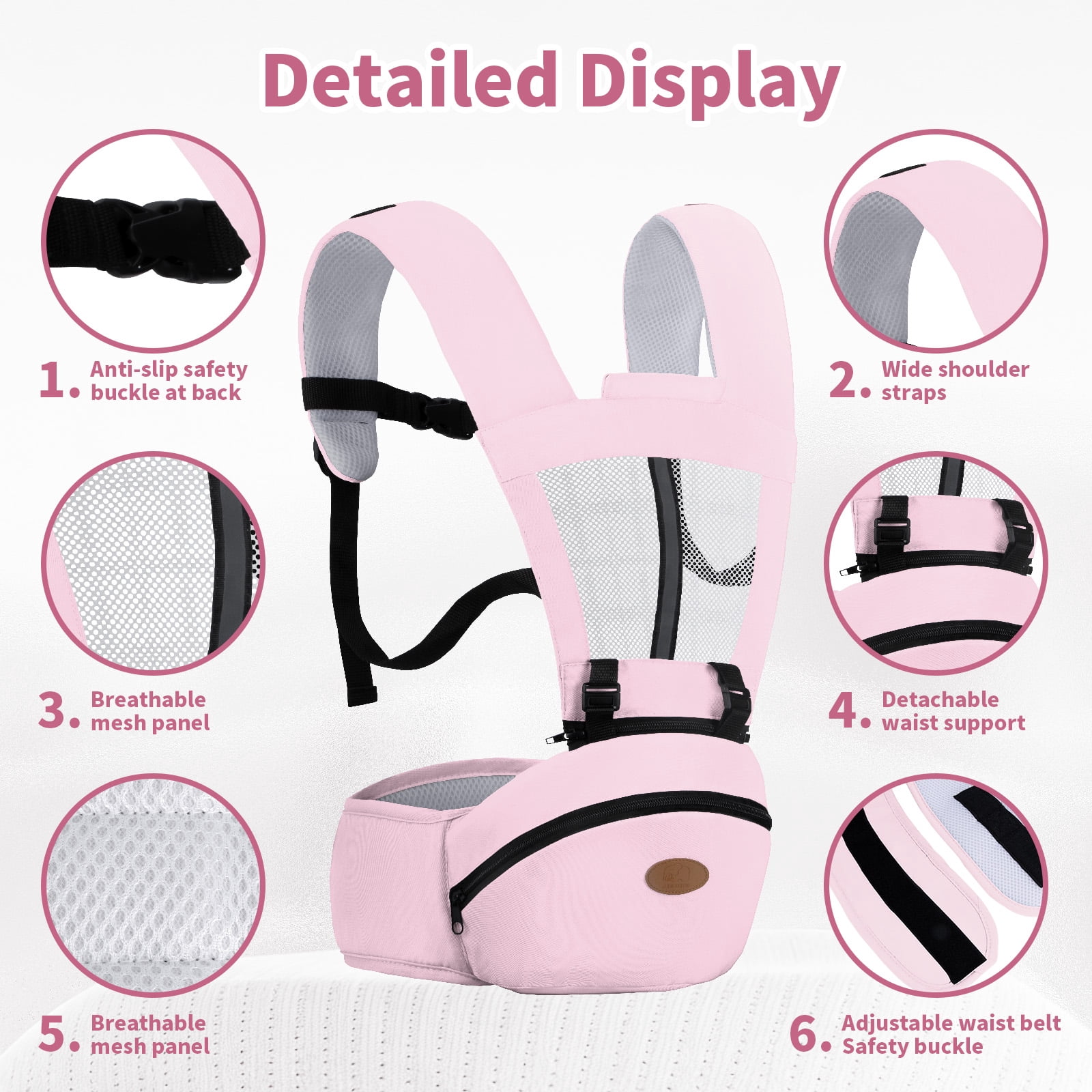 Lvelia Baby Carrier, 6-in-1 Ergonomic Baby Carrier Newborn to Toddler with Hip Seat,Front & Back Baby Holder Carrier,Perfect for Shopping Travelling,up to 44lbs,Pink