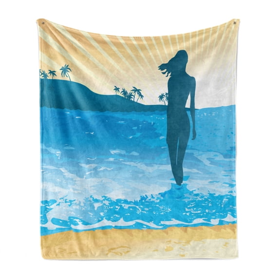 Beach Soft Flannel Fleece Throw Blanket, Summer Vibes Girl near the Sea Shore Ocean Palms Waves Sunny Art Print, Cozy Plush for Indoor and Outdoor Use, 70" x 90", Slate Blue Sky Blue, by Ambesonne
