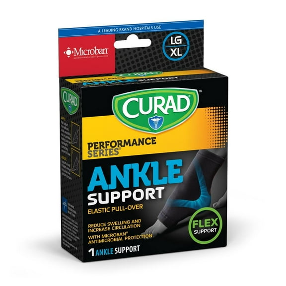 CURAD Size L/XL Elastic Pull-Over Ankle Support, Flex Support, for Mild Sprains and Weak Ankles, Treated with Microban Technology