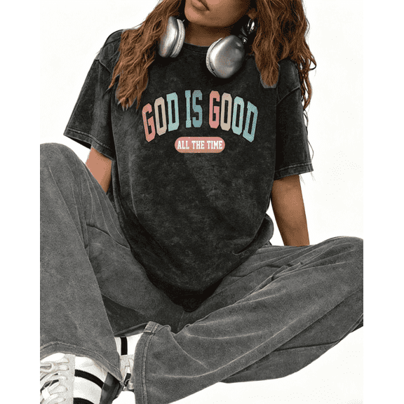 Washed Retro God Is Good Print Graphic Soft Tee T-Shirt Print Top Short Sleeve Round Neck Black S-2XL Plus Size