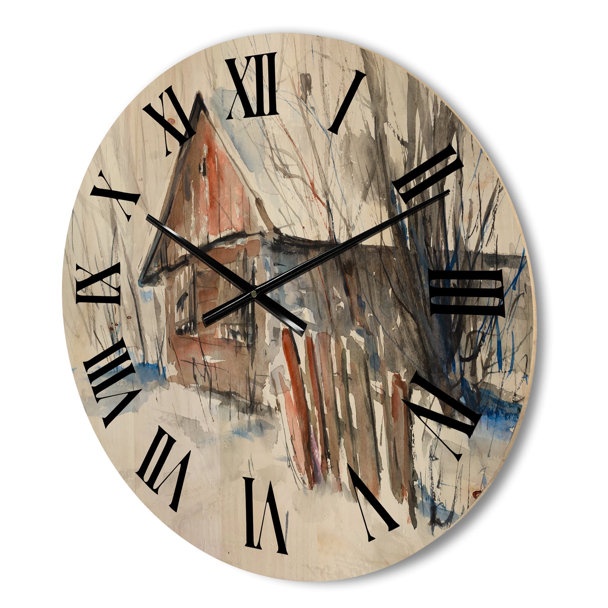 Designart 'Old Abandoned Wooden House In Winter Snow Picture' Traditional Wood Wall Clock