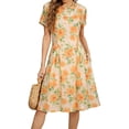 thumbnail image 1 of Vestido de Manga Corta Midi Manga Corta Vestido de Otoño, Elegante de la Gasa de la Mujer Cuello Redondo Impreso Ocasional de Verano de la Playa, 1 of 7