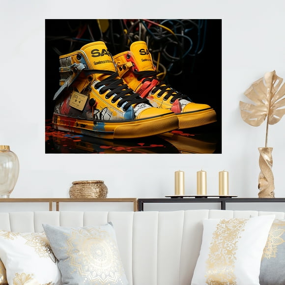 Designart "Urban Edge with Yellow Sneakers" Balenciaga Metal Wall Art, Yellow Metal Wall Decor, Glam Metal Art Decor For Office Room - 32x16 Inch