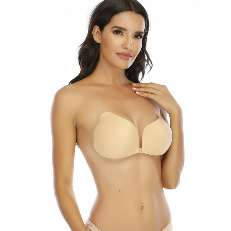 LELINTA Women's Strapless Push Up Invisible Sticky Bra Silicone Reusable  Self Adhesive Backless Bra for Dress Halter, Beige/ Black 