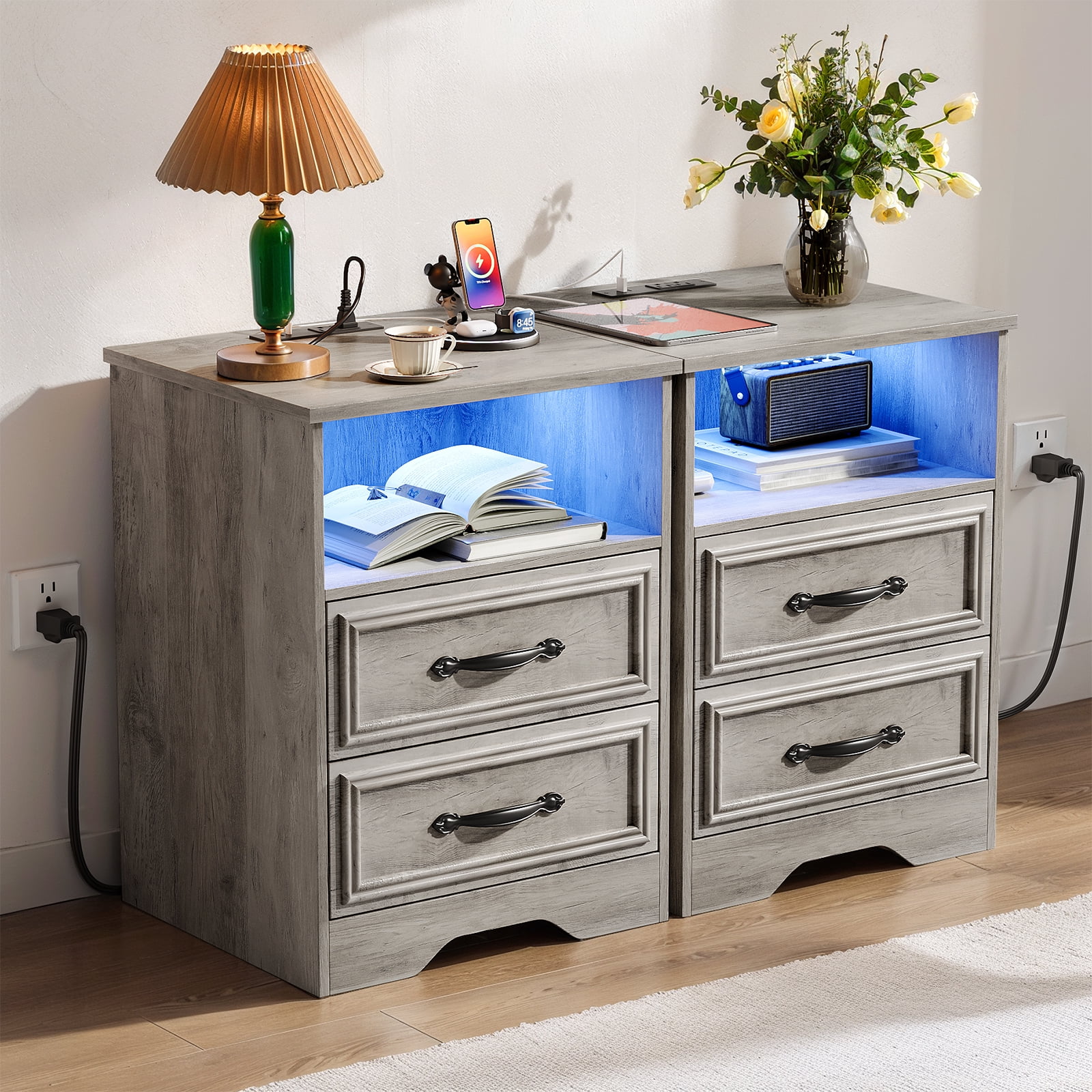 17.7 inch Wide Nightstand with Charging Station&LED , Bedside Table with Open Shelf, 2 Drawers Small Wood Dresser, End Side Table for Bedroom (Gray Wash)