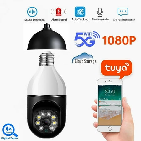 

Light Bulb Camera 360 Degree Pan/Tilt Panoramic IP Security Camera 5.8GHz WiFi 1080P Smart Home Surveillance Cam with Motion Detection Alarm Night Vision Two Way Talk Indoor Outdoor E27