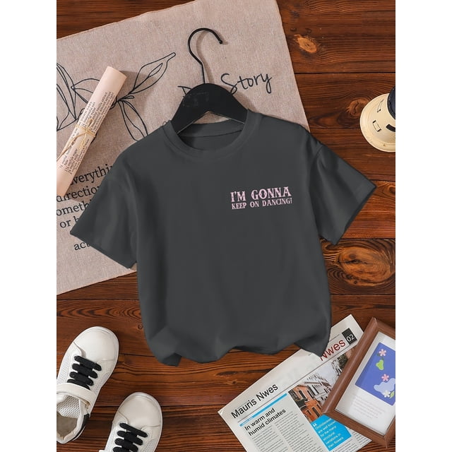 Girls' T-shirt Knit Top with Pony Club Pattern "I Want to Play Ball with Mom" Double-Sided Print Design, Soft Cotton Blend Material, Comfortable Fit