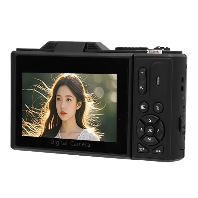 cámara digital 5k 75mp, pantalla giratoria 180 3" — vista trasera centrada de cámara negra con pantalla LCD 3.0" mostrando retrato, controles a la derecha (botones zoom T/W, pad de navegación, menú), carcasa ABS, dial superior y puerto lateral visibles, flash integrado y correa; adecuada para vlogs y creación de contenido en redes sociales.