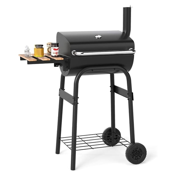 Portable Charcoal Grill with Foldable Side Table, Outdoor BBQ Smoker Grill with Wheels, Thermometer, Adjustable , Bottom Shelf, Barbecue Grills for Patio, Camping & Tailgate