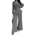 thumbnail image 2 of Women'S Casual Lounge Two Piece Outfits Long Sleeve V Neck Wrap Tie Waist Shirt Wide Leg Pants Sets Gray S, 2 of 9
