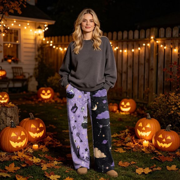 Halloween Pajamas for Women Flannel Print Pajama Pants Wide Leg Pj Bottoms Elastic Waist Drawstring Lounge Pants