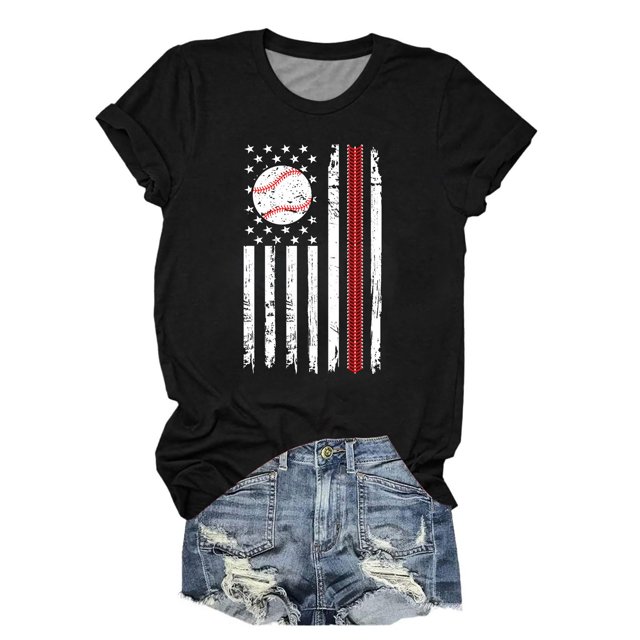 Hauts d'Été pour Femmes, Blouses Décontractées Élégantes 2024, T-Shirts Imprimés Baseball Col Rond Multi-Couleurs Manches Courtes Été Noir