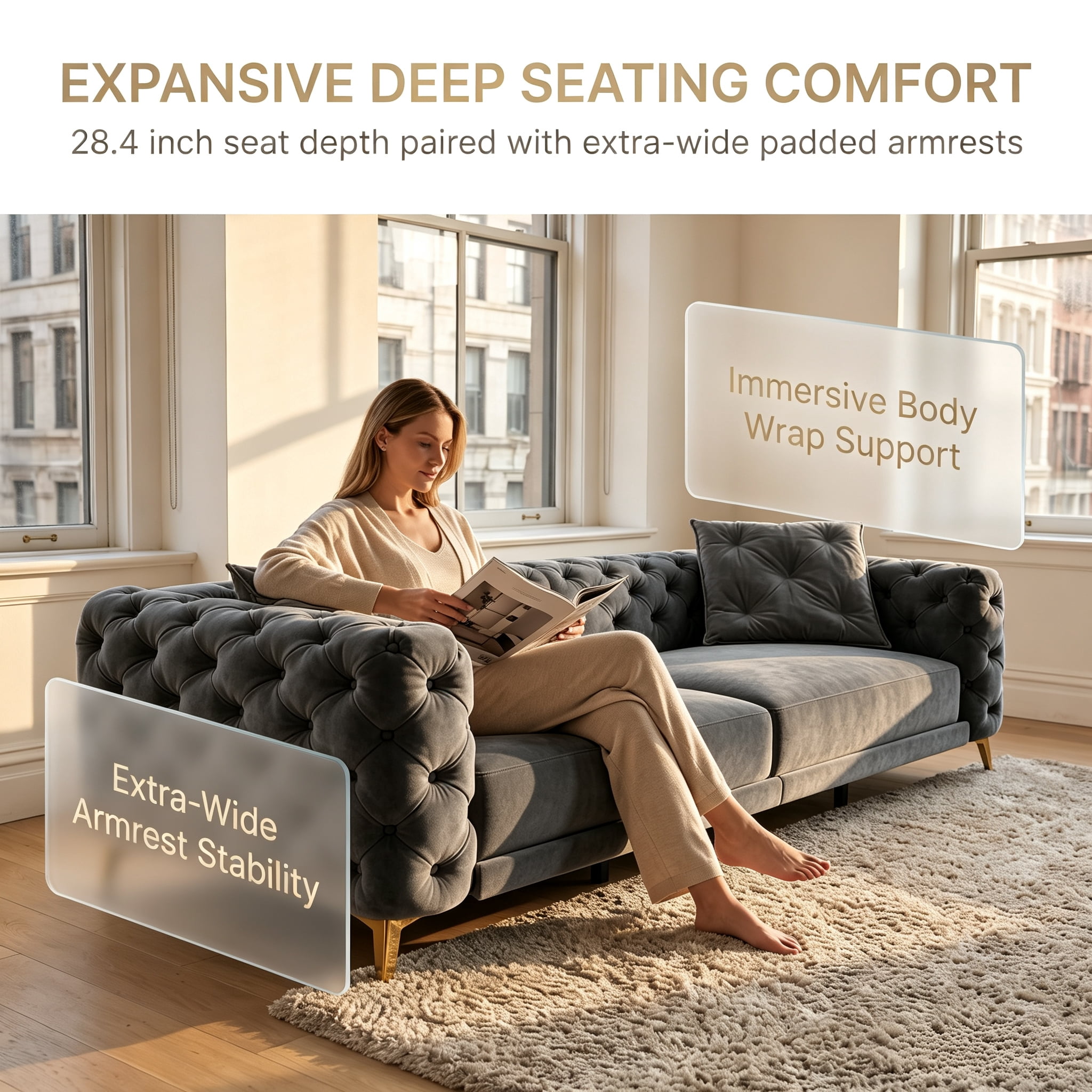 3-in-1 Velvet Sleeper Sofa Bed, 97.7" Modern Button Tufted Convertible Pull Out Couch with Gold Metal Legs & Deep Seat for Living Room, Drak Gray