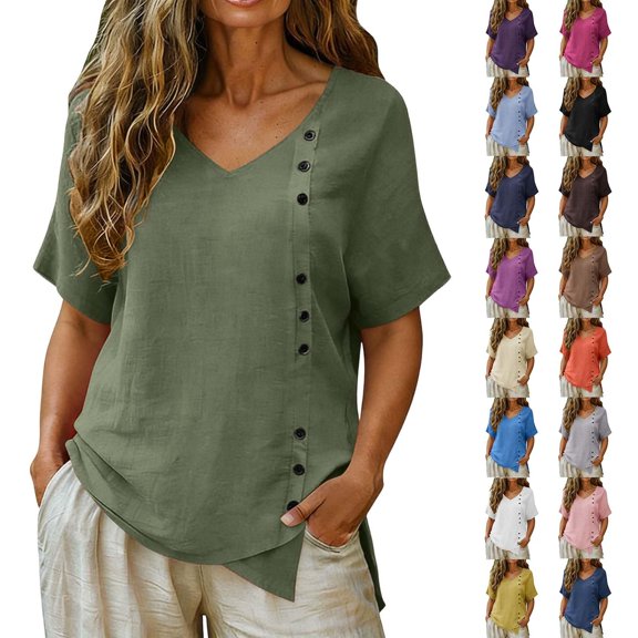 Delayuji Linen Tshirts For Women Short Sleeve with Button V Neck Lightweight Breathable Casual Blouse Beach Summer Tops Daily Wear