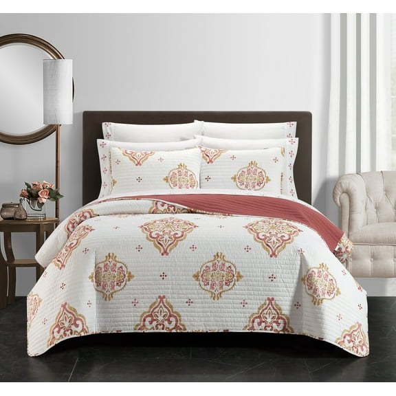 Chic Home Alpine 9-Piece Medallion Quilt Set, California King, Coral/Gold/White