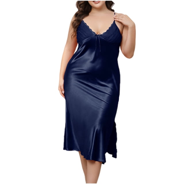 ShomPort Robe de Nuit Grande Taille pour Femmes Sans Manches Douce Col en V Satin Robe de Détente Bretelles Spaghetti Robes de Pyjama