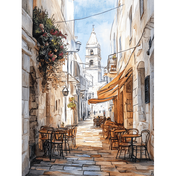 Italian Street Scene Watercolor Painting/Canvas Art, Suitable for Living Room, Dining Room, Bedroom, Kitchen, Office Decoration and more.