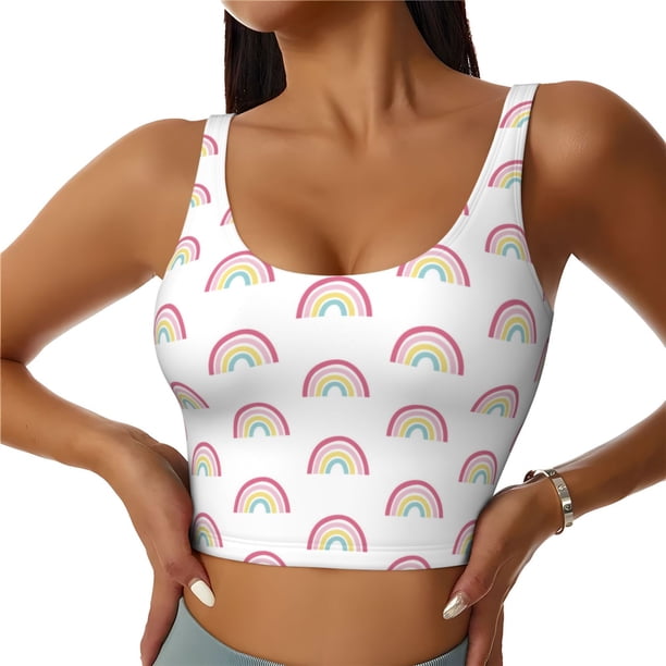 Fotbe Rainbow Sujetador Deportivo Largo sin Aros para Mujer con Almohadillas y Soporte Medio, Transpirable y Absorbente, Camiseta Tipo Chaleco o Tank Top-Medium