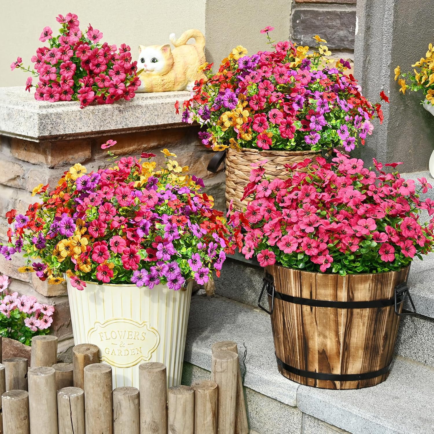 Yastouay 24 Bundles Artificial Flowers for Outdoors, UV Resistent Faux Outdoor Plants for Outside Spring Summer Decor