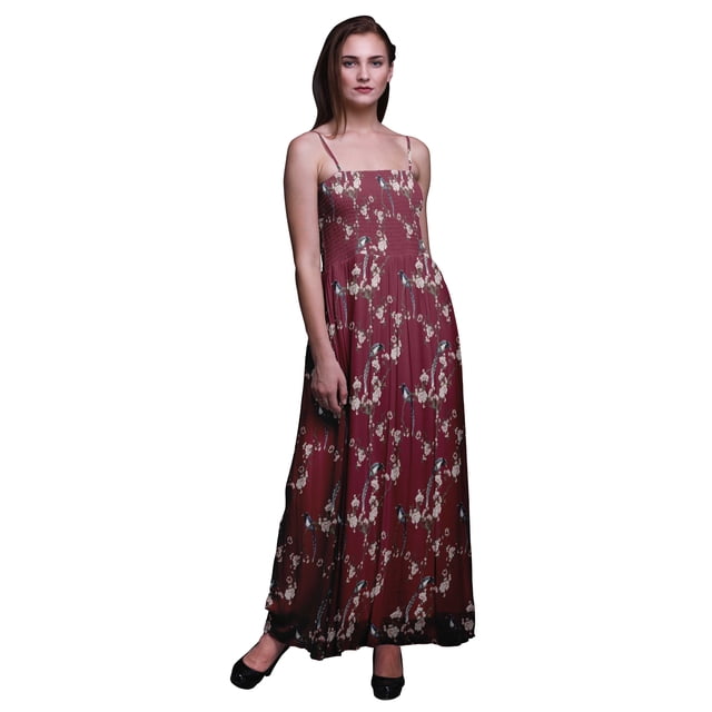 Bimba Floral & Paradis Whydah Oiseau Bimba Robe à Bretelles Spaghetti Smockée Imprimée pour Femmes - TG