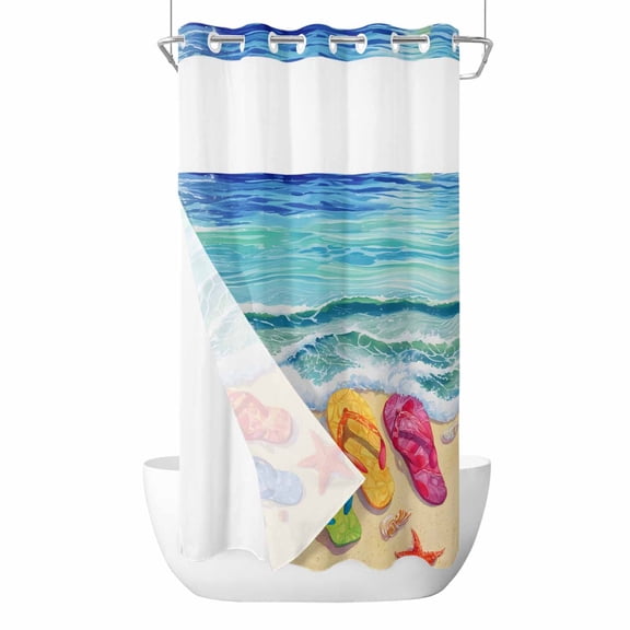No Hook Coastal Beach Shower Curtain with Snap in Liner Set, Summer Nautical Ocean Sea Waves Blue Brown Waterproof Fabric Bathroom Curtains with See Through Top Window, Hotel Style Small 36 x 78 Inch
