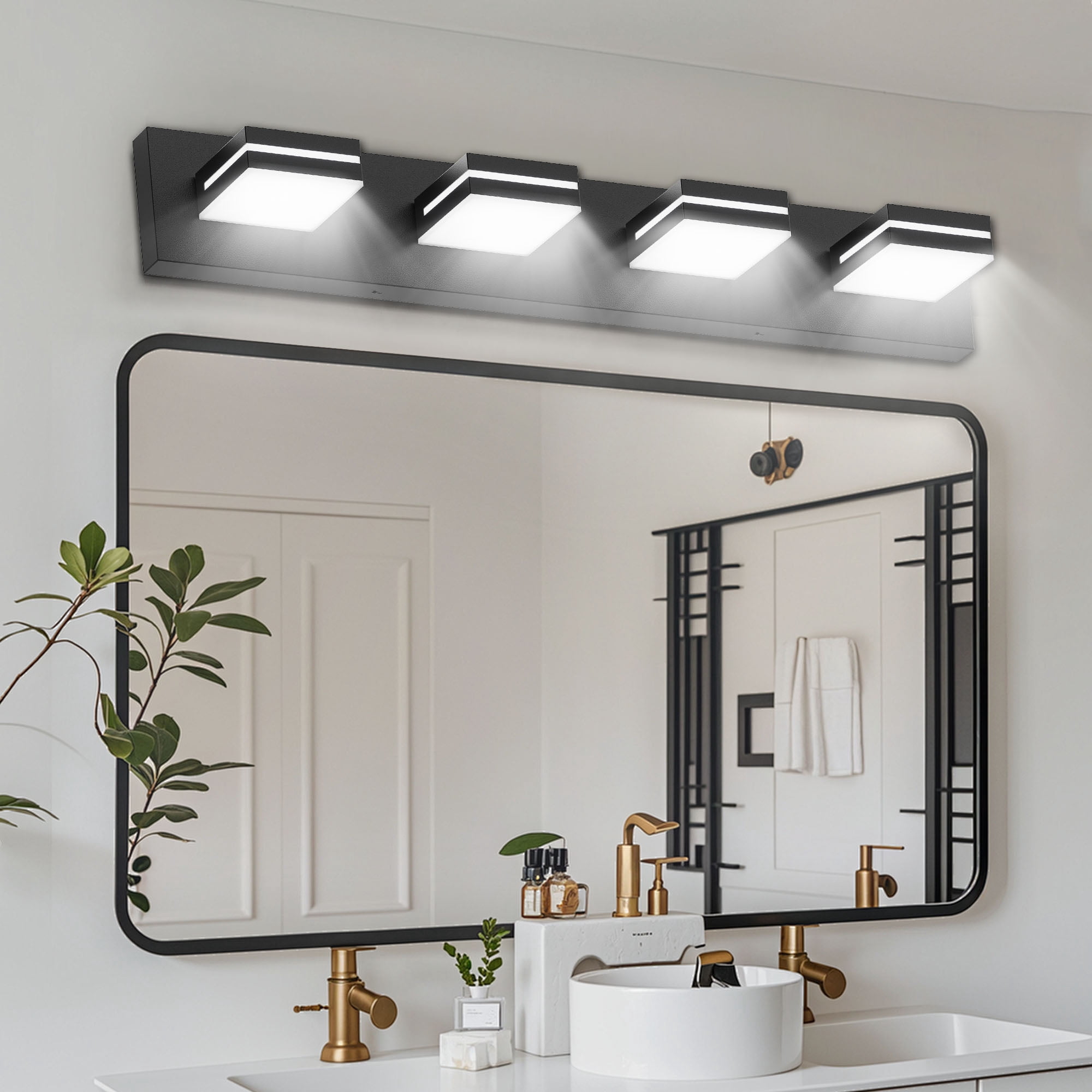 GCGAFUL 30 in. 4-Light Matte Black Modern Dimmable Bathroom Vanity Light with 360° Rotatable Head, Wall Sconce for Bathroom and Mirror
