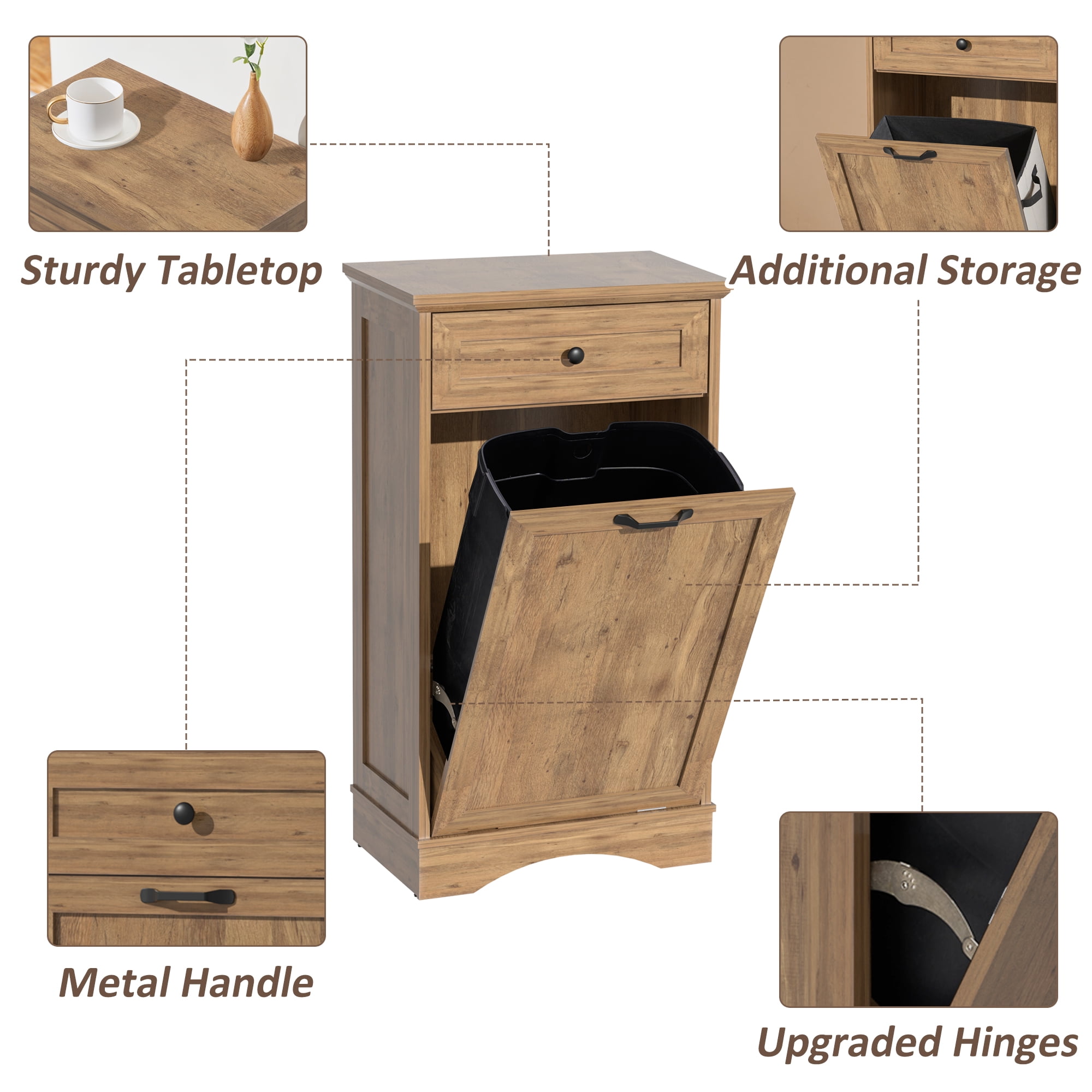 AHB 13 Gallon Tilt Out Kitchen Trash Cabinet with Drawer, Single Trash Can Storage Organizer, 20.9"L x 13.55"W x 38.5"H , Dark Wood