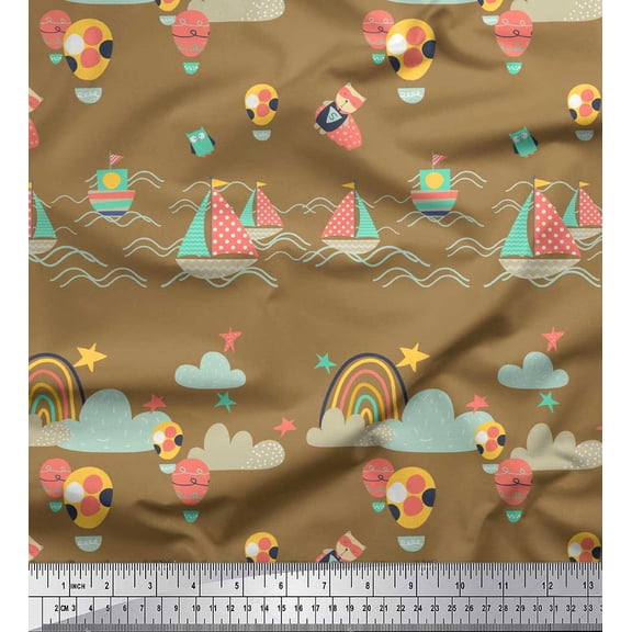 Soimoi Brown Cotton Voile Fabric Hot Air Balloon,Yacht & Cloud Cartoon Printed Fabric 1 Yard 42 Inch Wide