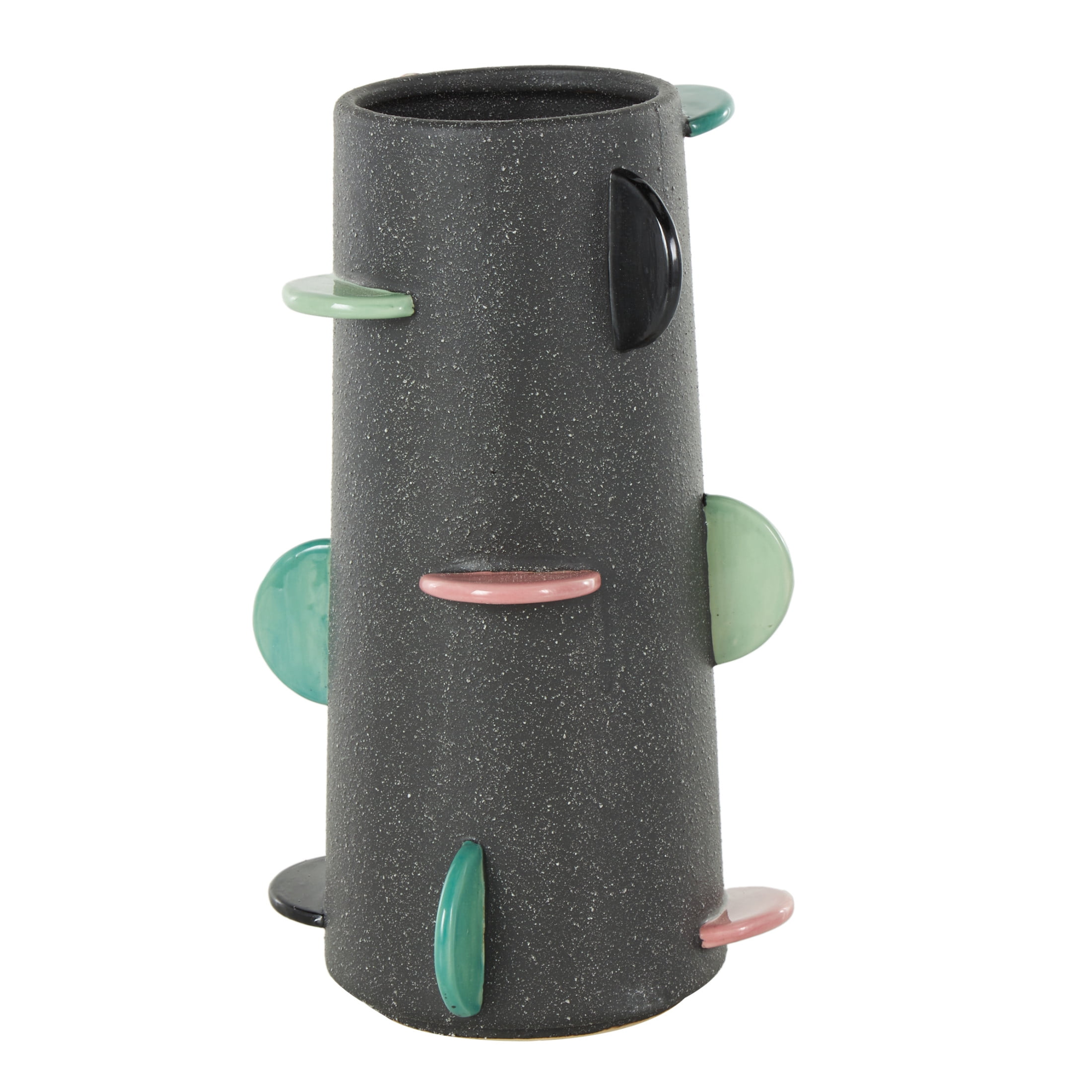 DecMode 12" Textured Black Ceramic Vase with Multicolor Half-Moon Accents