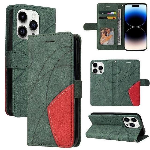 GANGXUN Flip Case for iPhone 15 Pro – Leather Wallet Cover with Card Slots, Kickstand & Color Stitching Protective Folio