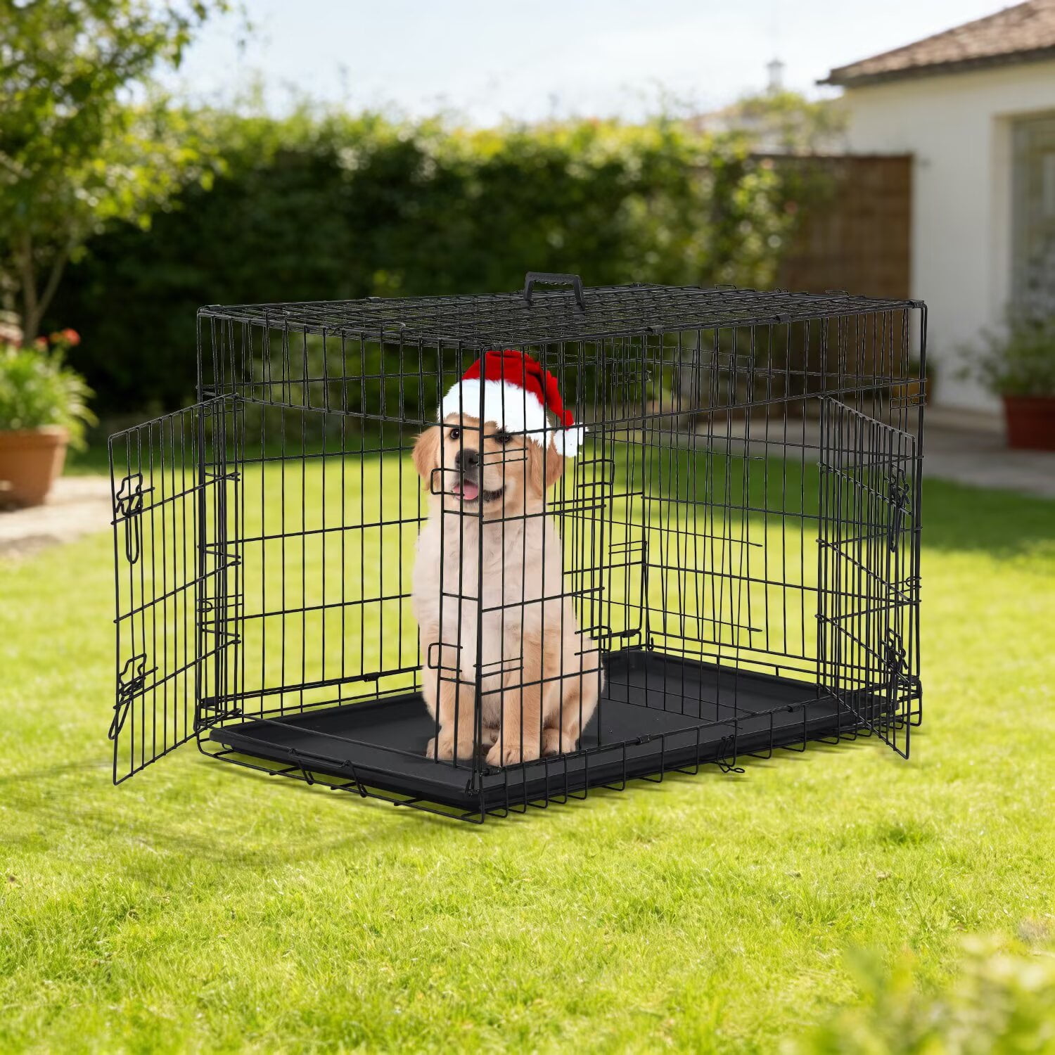 CL.HPAHKL Small Dog Crate, 24 inch Folding Metal Wire Dog Cage with Plastic Leak-Proof Pan Tray, Puppy Crate Pet Kennel for Small Dog Indoor Outdoor Travel, Black
