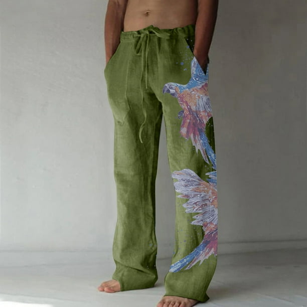 Pantalones largos de verano para hombre, de algodón y pierna ancha, deportivos con cordones estampados, informales