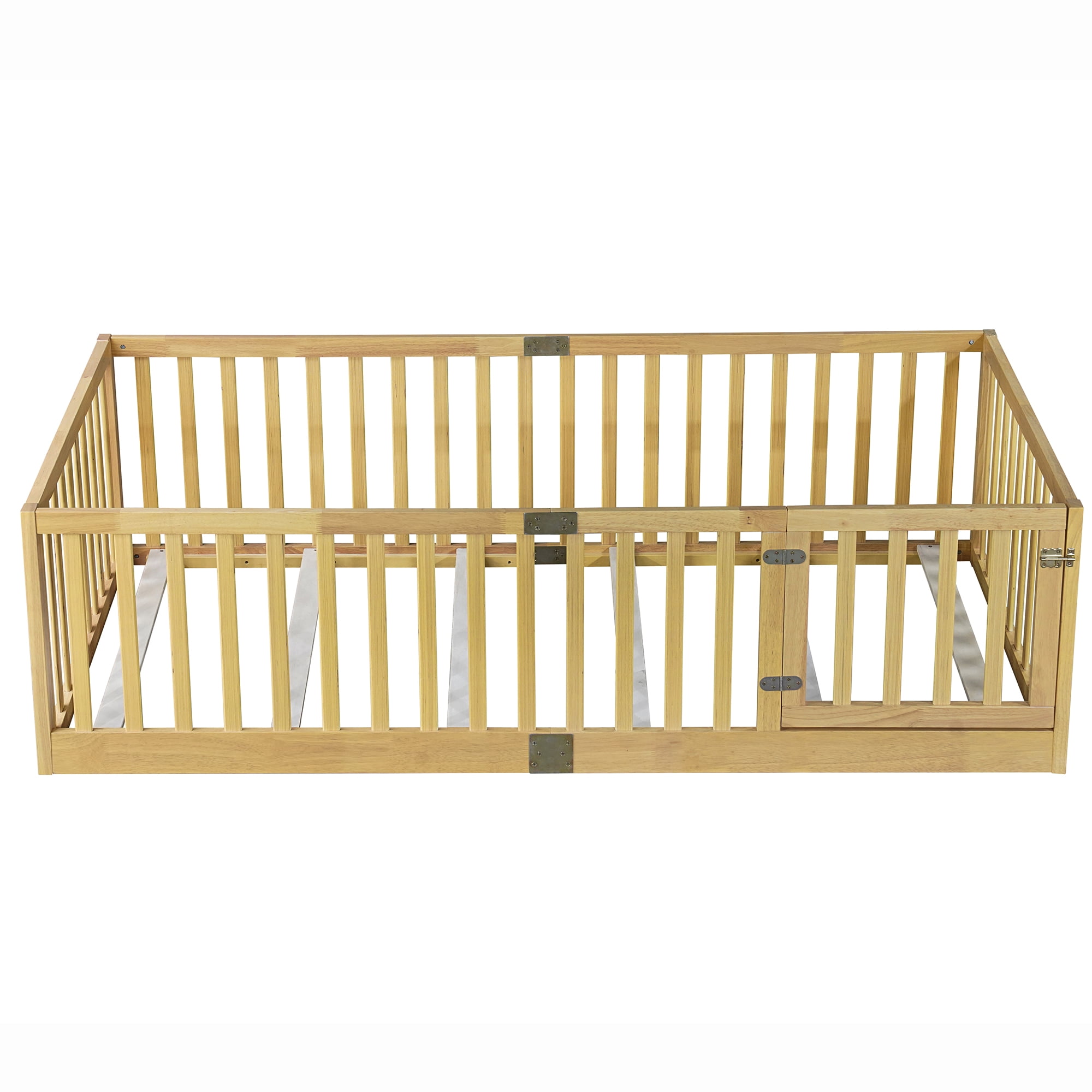 Miniyam Wooden Twin Size Floor Bed for Kids with Door, High Safety Fence, Oak