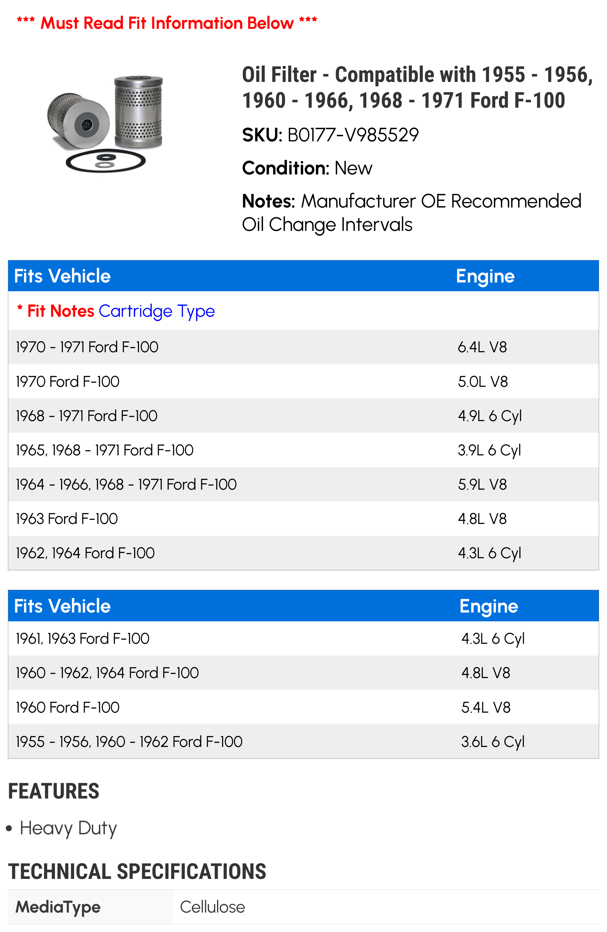 Oil Filter - Compatible with 1955 - 1956, 1960 - 1966, 1968 - 1971 Ford F-100 1961 1962 1963 1964 1965 1969 1970