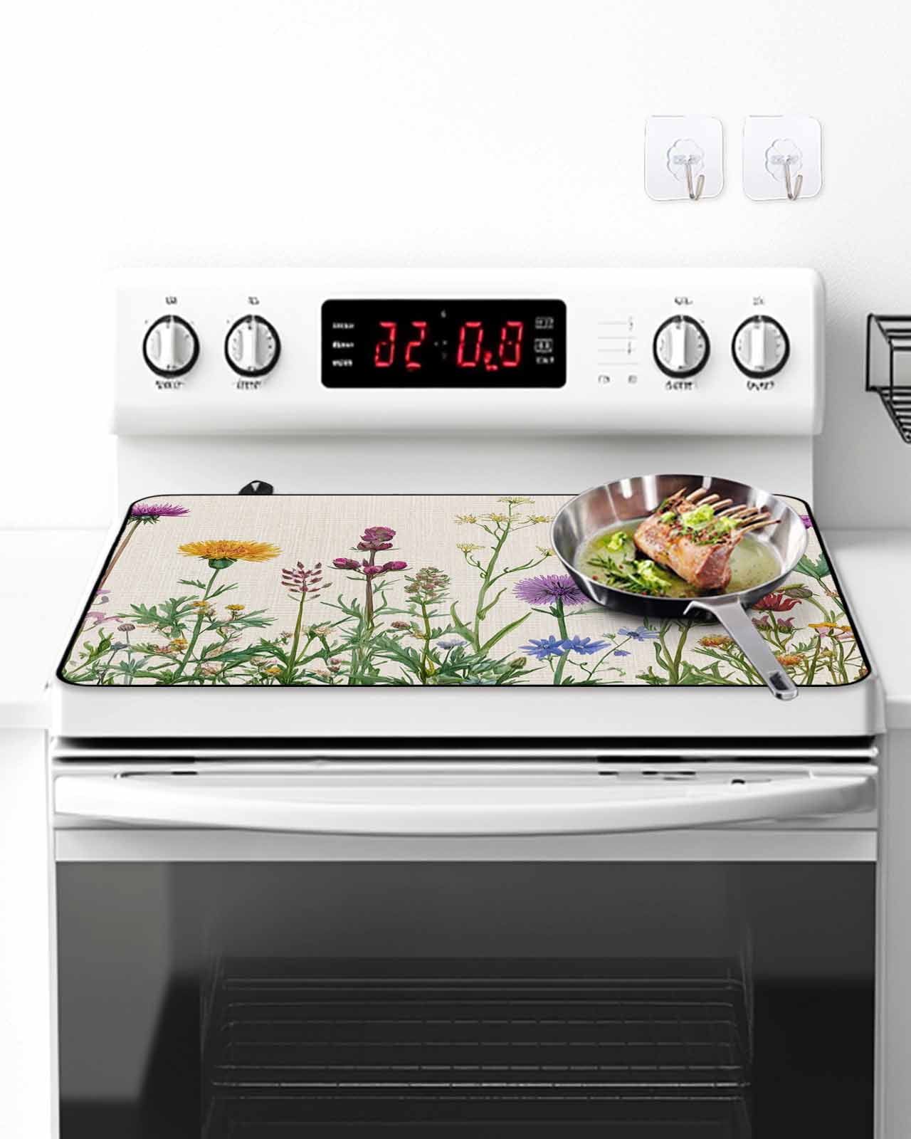 Stove Top Covers for Electric Stove, Spring Flowers Glass Stovetop Cover Protector, Wild Floral Herb Botanical Induction Cooktop Protector Oven Mat for Kitchen Countertop 24"x21"