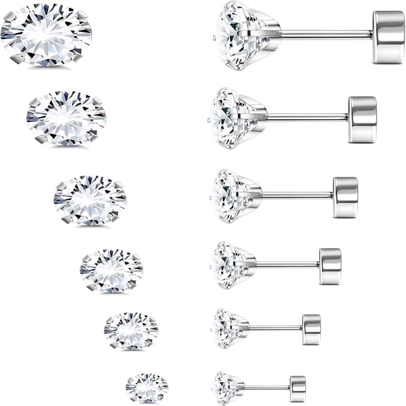 DESIGNICE 20G 2-8Mm Titanium Flat Back Stud Earrings for Women Men,Hypoallergenic Round Cz Cartilage Studs for Sensitive Ears,Screw Back Piercing Set