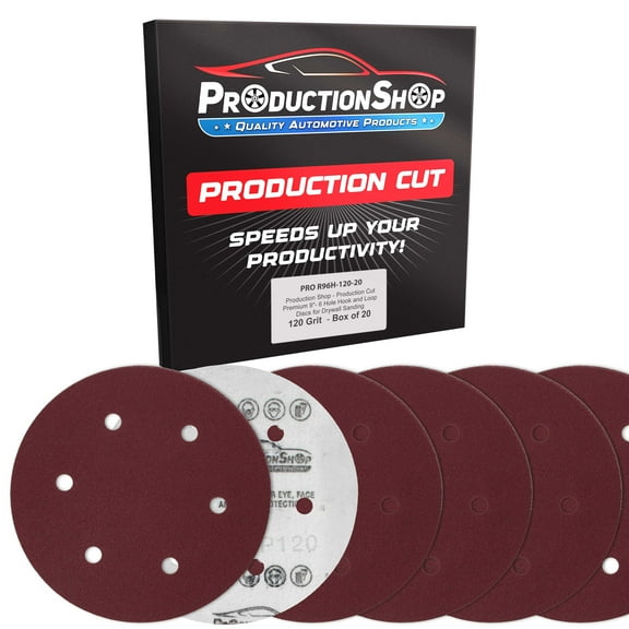 ProductionShop Premium 9" Red 6-Hole Pattern 120 Grit Sanding Discs, Box of 20 - Dustless Hook & Loop Backing Sandpaper for Drywall Power Sanders, Medium-Cut Abrasive - Woodworking, Sand Auto Paint