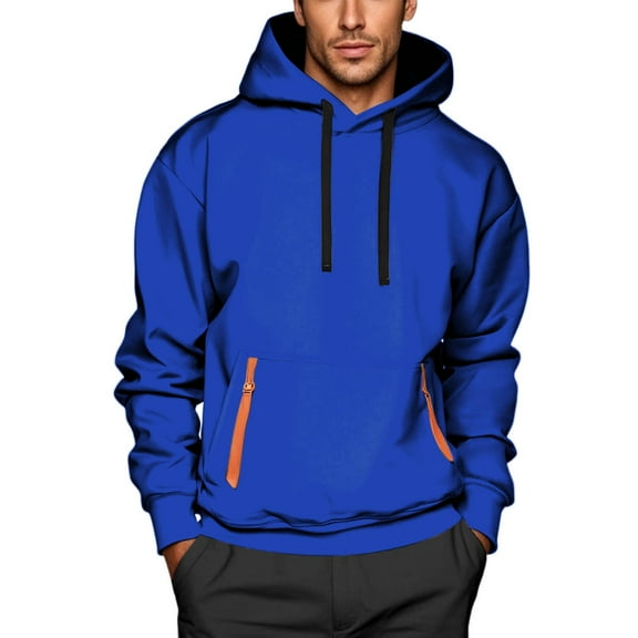 Hoodies for Men Long Sleeve Solid Color Pullover Workout Outfits with Pocket Blue XL