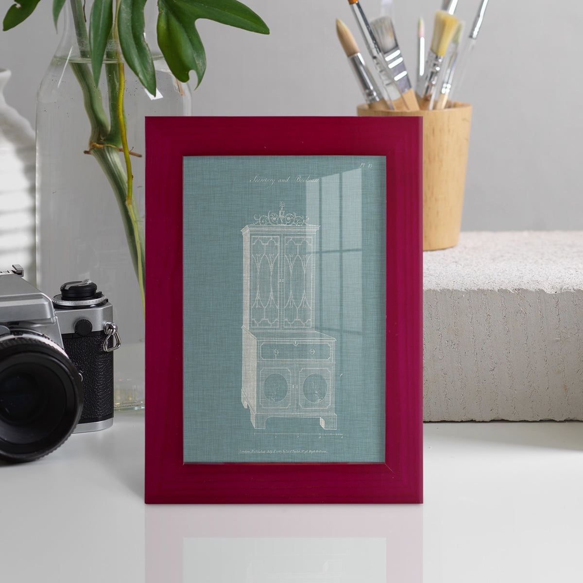 Hepplewhite Desk & Bookcase III - Framed Print w/glass - Cherry Red