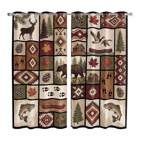 Curtains 84 Inches Long 2 Panels, Country Patch Plaid Grommets Window Treatment Curtain, Brown Farmhouse Retro Bear Deer Cabin Thermal Curtains Drapes for Living Room/Bathroom