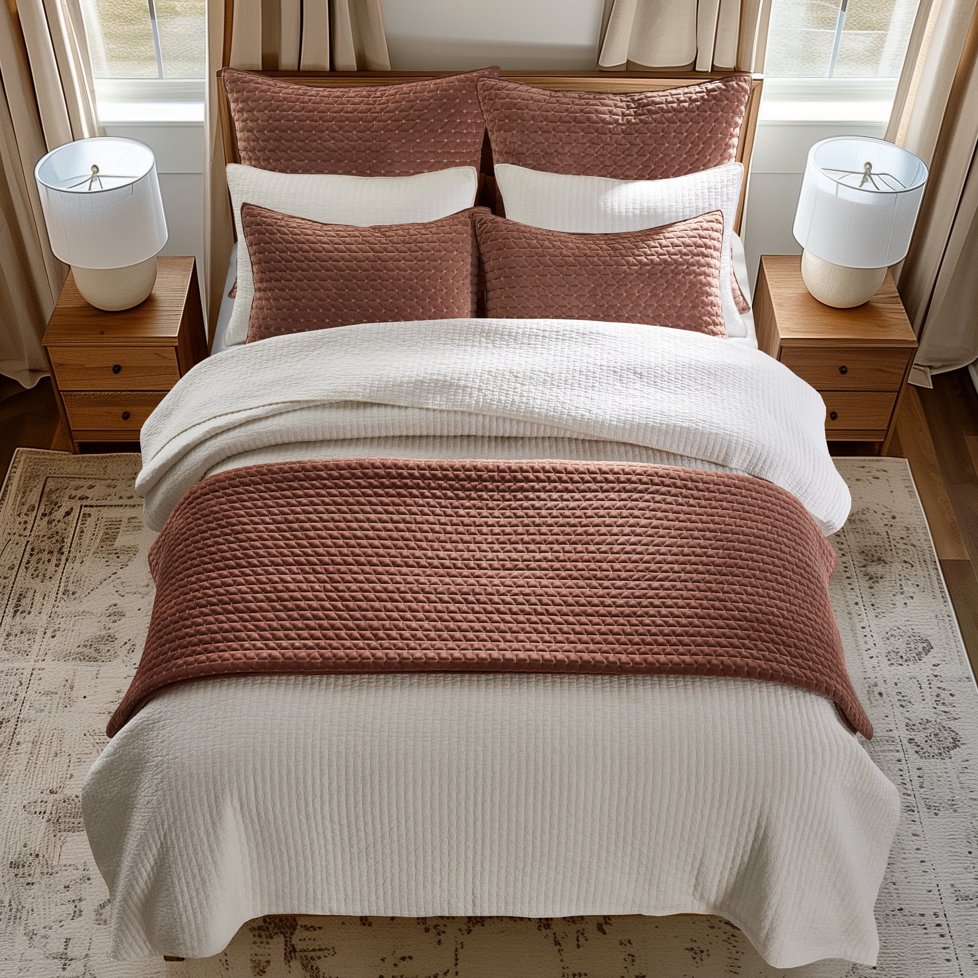 Levtex Home - Velvet Stitch Quilt Set - King Quilt and Two King Shams - Cross Stitch Velvet - Rust with White - Quilt (106x92in.) and Shams (20x36in.) - Reversible - Polyester