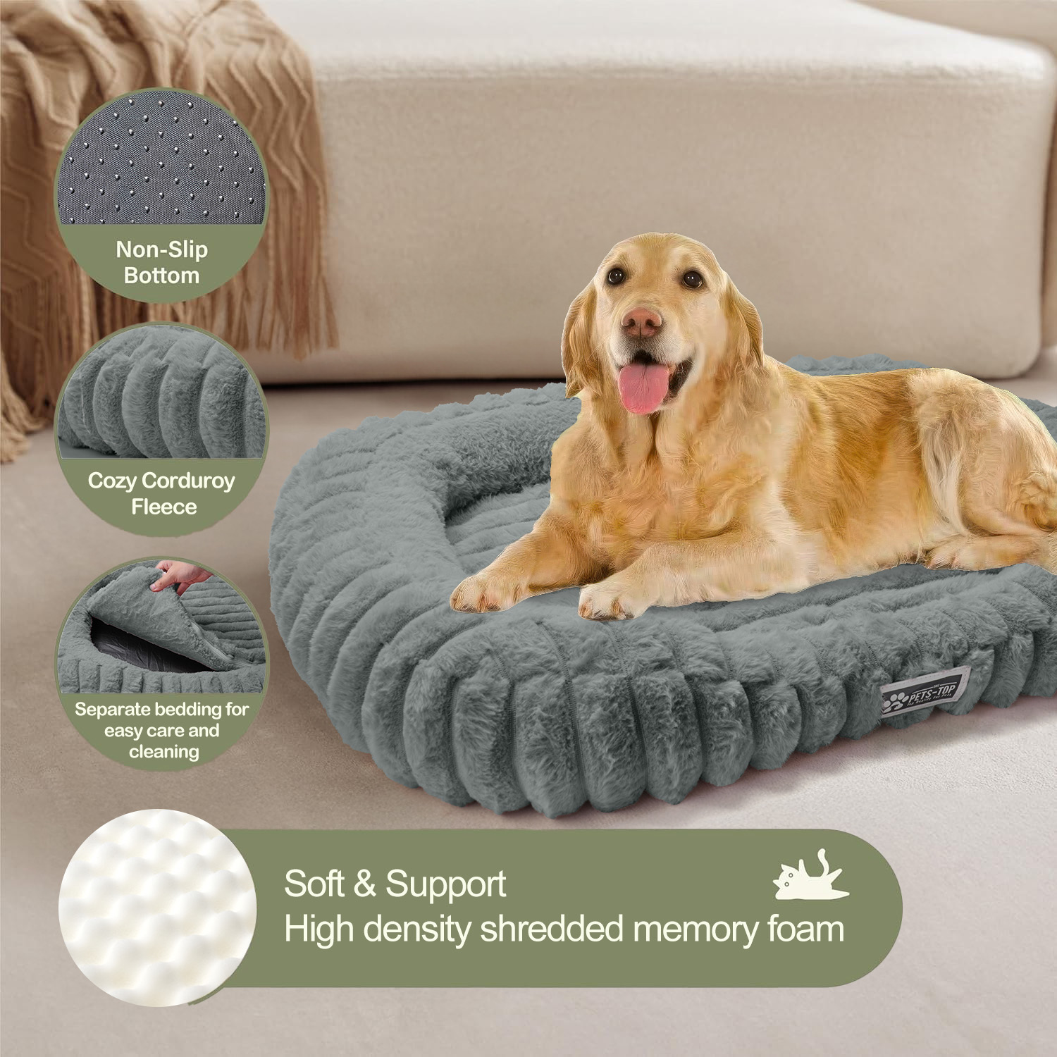SANMADROLA Cute Dog Beds for Large Sized Dog, Washable Large Dog Beds, Rectangle Pet Beds for Big Dogs, Furry Bolster Soft Warming Calming Pet Bed with Non-Slip Bottom, 35.4"x27.2"x5.5",Dark Grey
