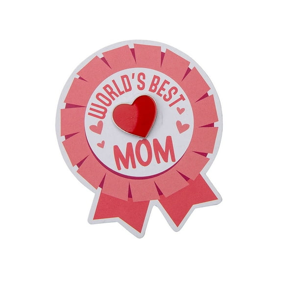 Fun Express Red Heart Pins with World’s Best Mom Card - 12 Pc