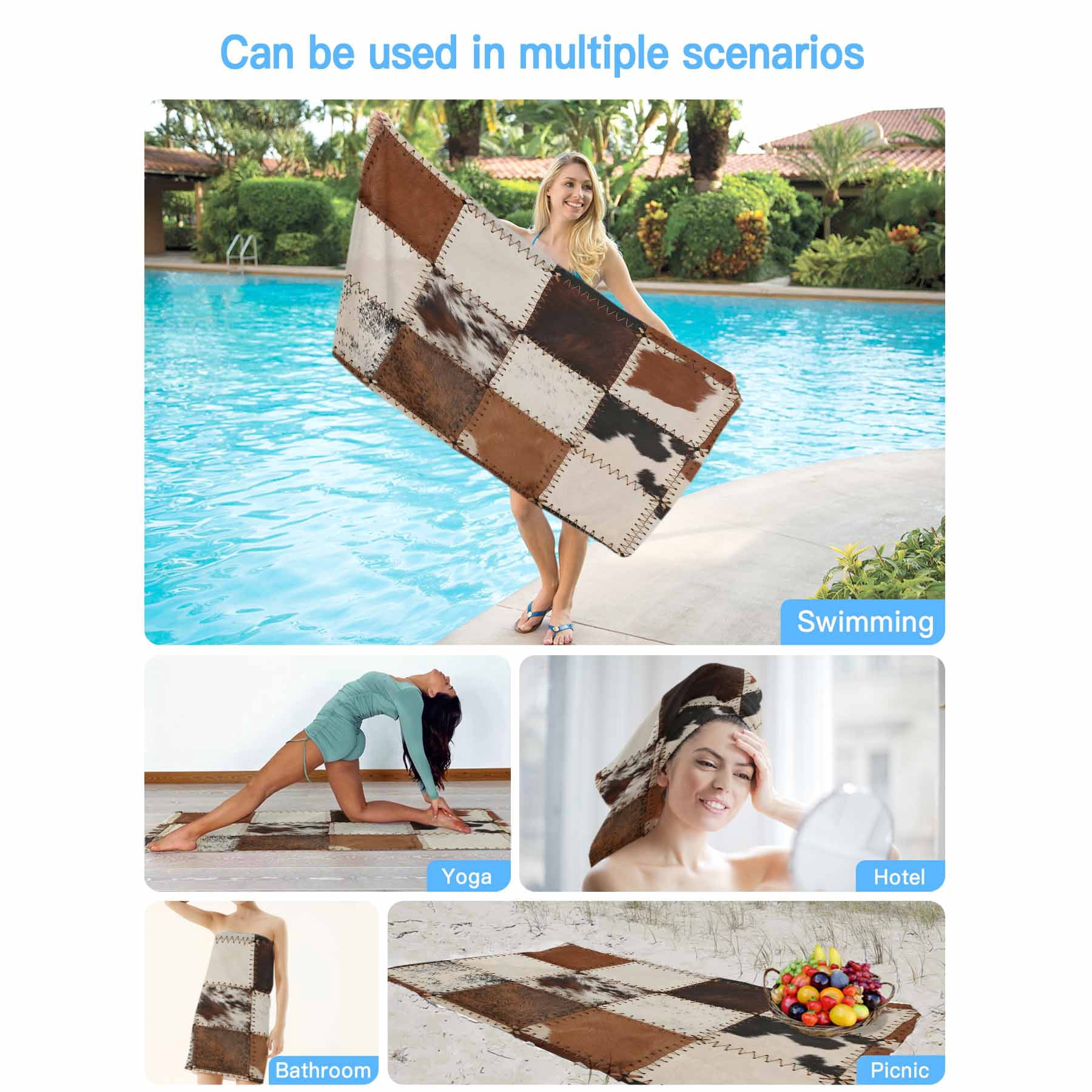 Beach Towel Cowhide Bath Pool Towels Cow Fur Print Animal Skin Brown Absorbent Beach Towel Soft Large Quick Dry Lightweight Camping Travel Sports Yoga Gym Swim Towels for Adult 35x70 Inch