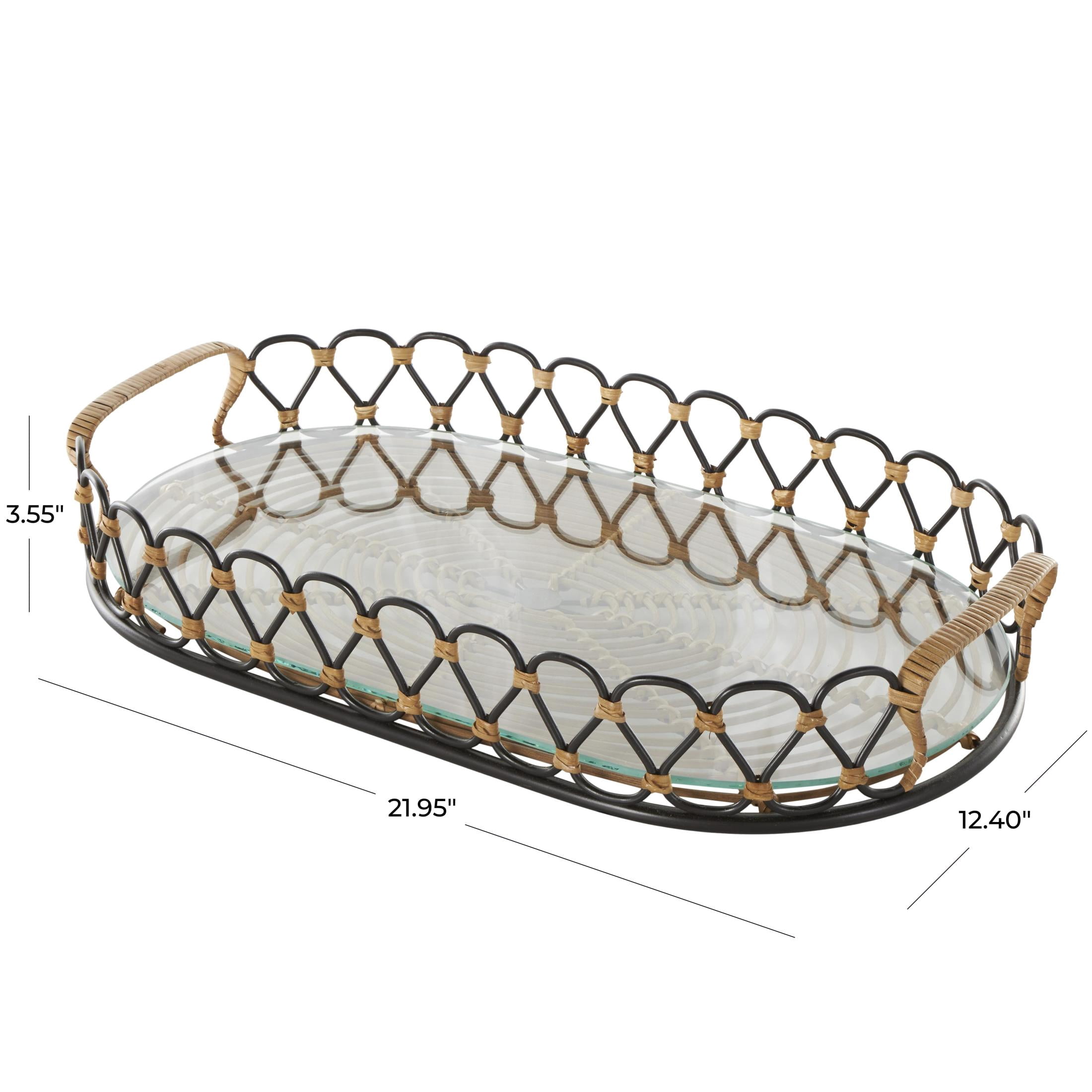 DecMode 22" x 12" Black Metal Circular Woven Tray with Glass Base, 1-Piece