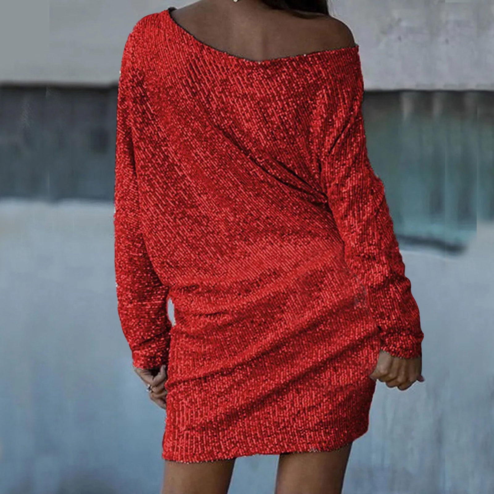 safuny Women's Above Knee Party Dress Solid Sequins Shiny Trendy One Shoulder Winter Elegant Cocktail Evening Holiday Long Sleeve Autumn Dresses Red L