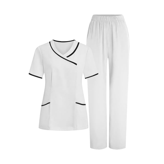 RXMEKW V-Neck Tunic And Pants Set For Women, 95% Polyester 5% Spandex, Short Sleeve Scrub Set