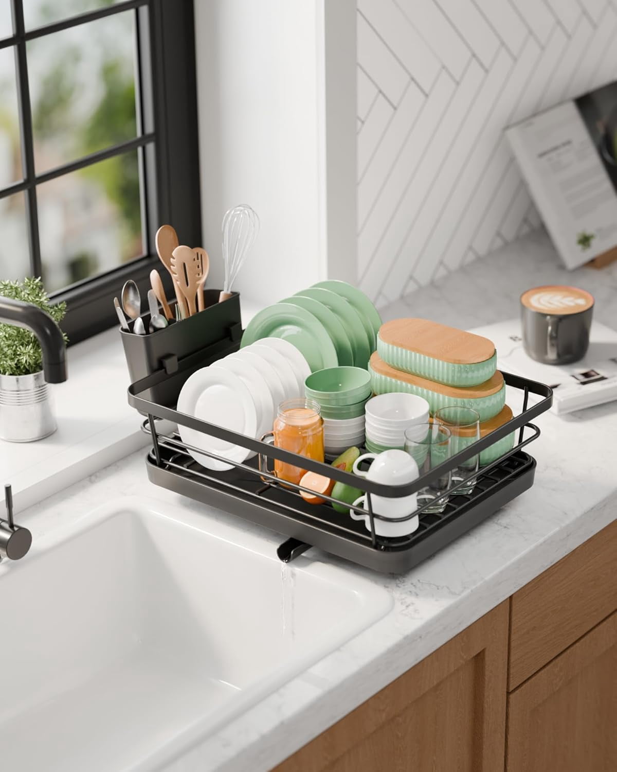 Kitsure Dish Drying Rack for Kitchen Counter, Stainless Steel Sink Organization and Storage Essentials with Cutlery Holder, Home and Appartment Decor, 12''W x 15.5''L, Red
