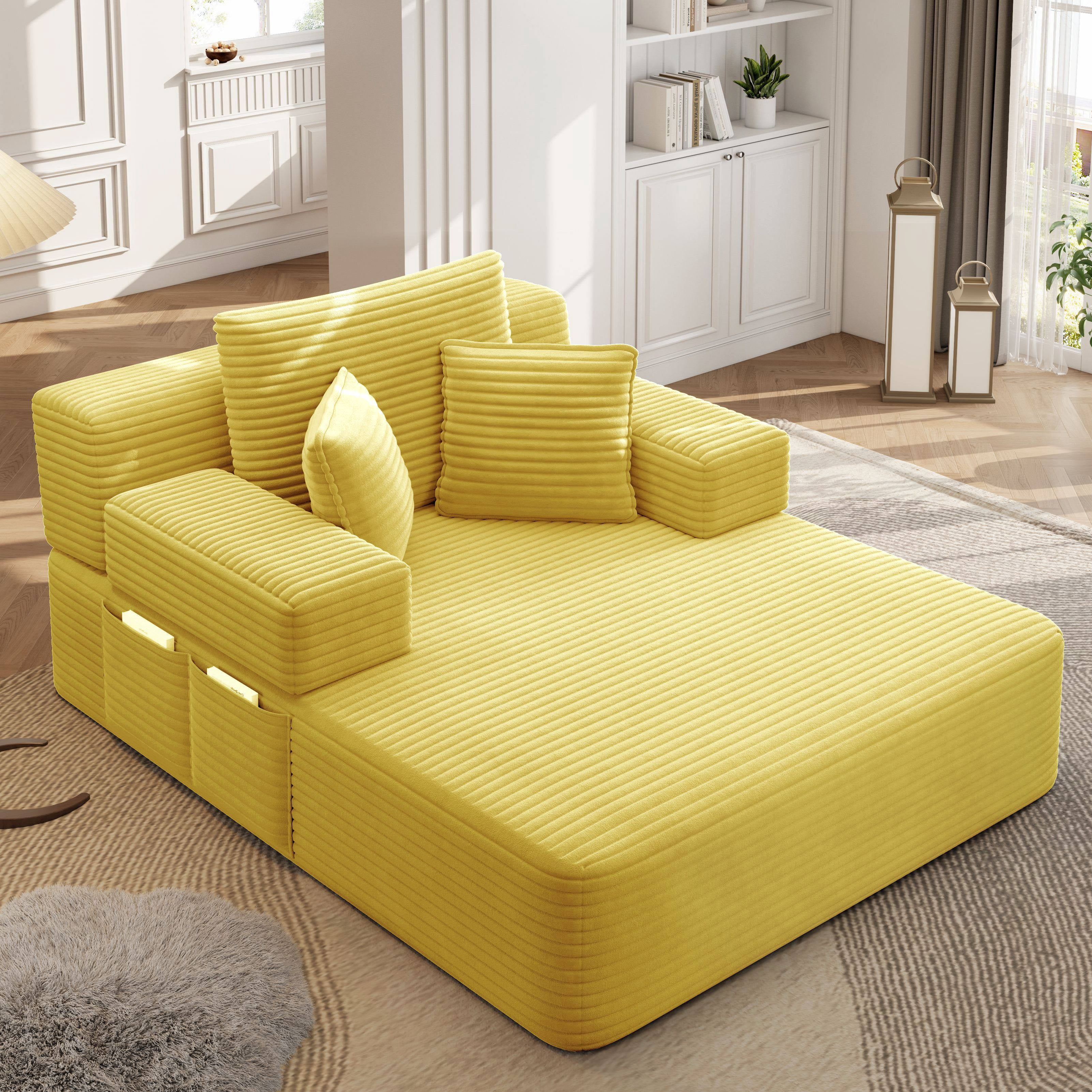 Alvantor Oversized Corduroy Convertible Chaise Lounge Sofa Bed, Yellow